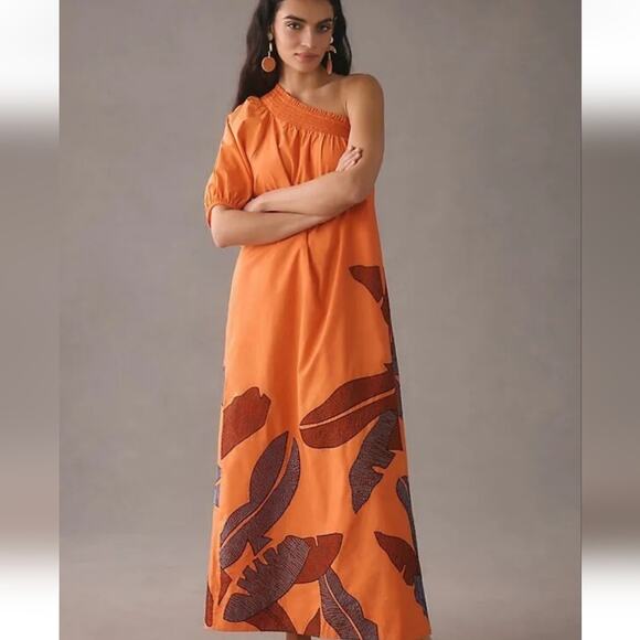 Anthropologie Maeve One-Shoulder Embroidered Maxi Dress Size M petite - Picture 1 of 8